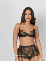 Black lingerie set with gold lace and garter