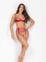 Red lingerie set with sheer embroidery, garters & gloves