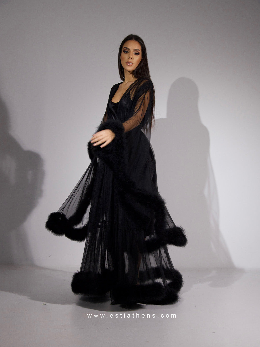 Black long tulle robe set and night slip dress Victoria Black Tulle ...