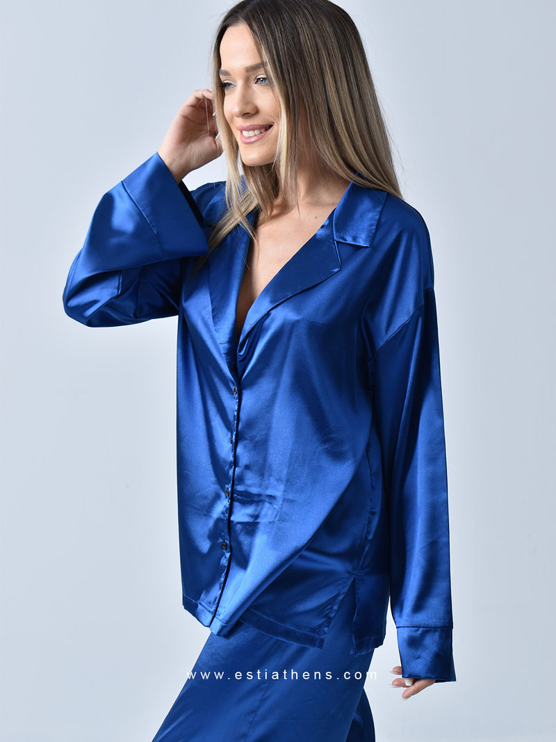 Sapphire Blue Satin Pajama Set