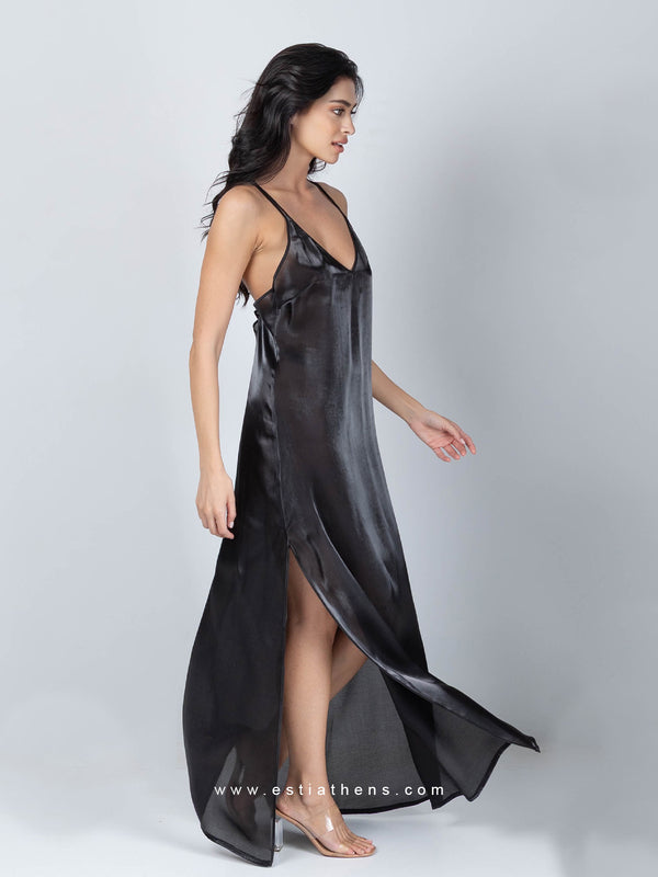 Black long nightdress with side slits and cross back straps
