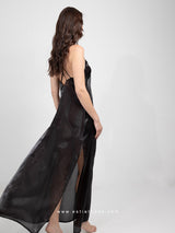Black long nightdress with side slits and cross back straps