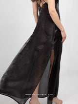 Black long nightdress with side slits and cross back straps