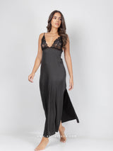 Black satin long nightdress with lace and side slit