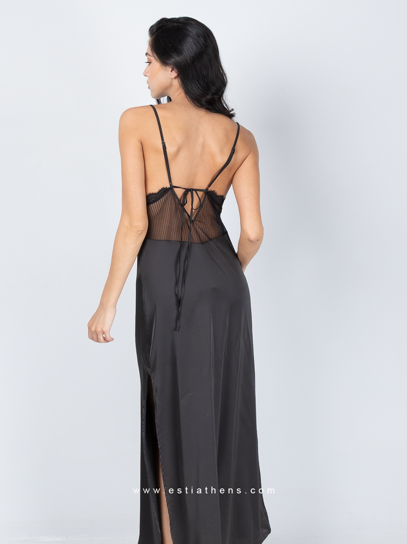 Black satin long nightdress with lace and side slit