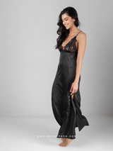 Black satin long nightdress with lace and side slit