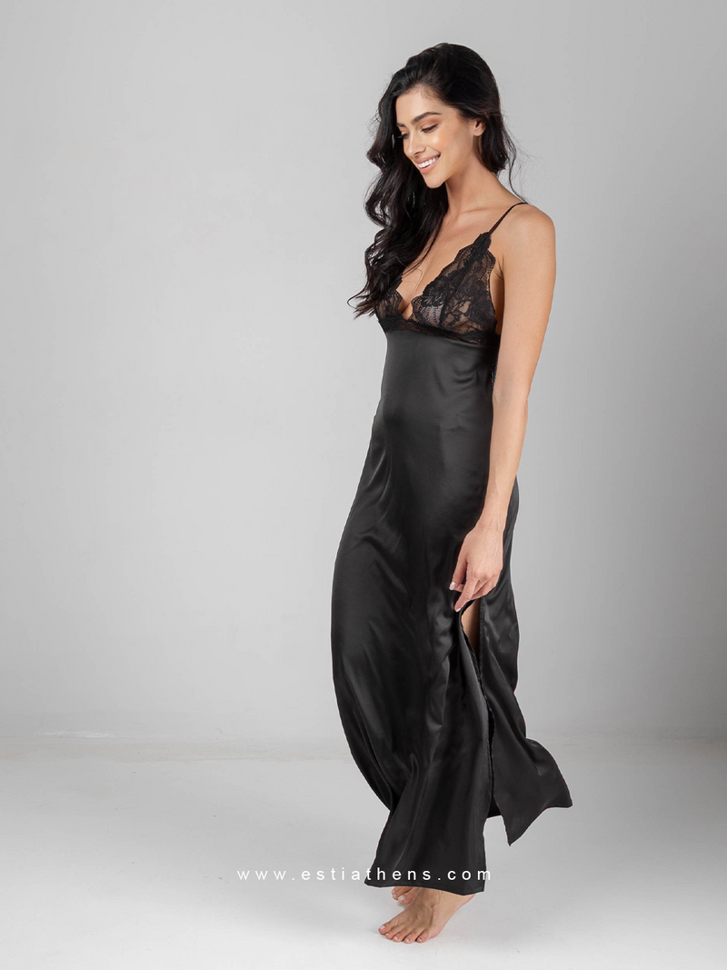 Black satin long nightdress with lace and side slit