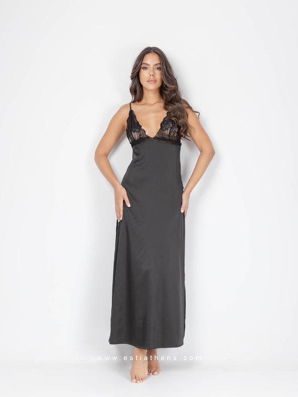 Black satin long nightdress with lace and side slit