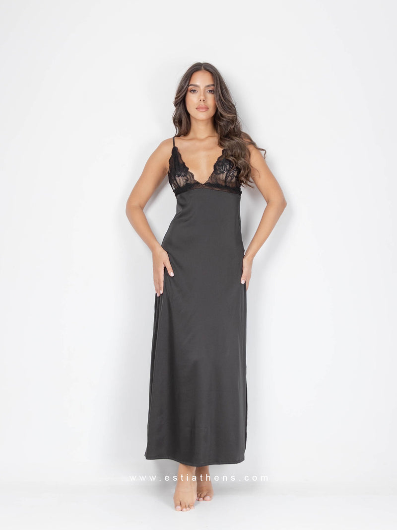 Black satin long nightdress with lace and side slit
