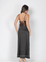 Black satin long nightdress with lace and side slit