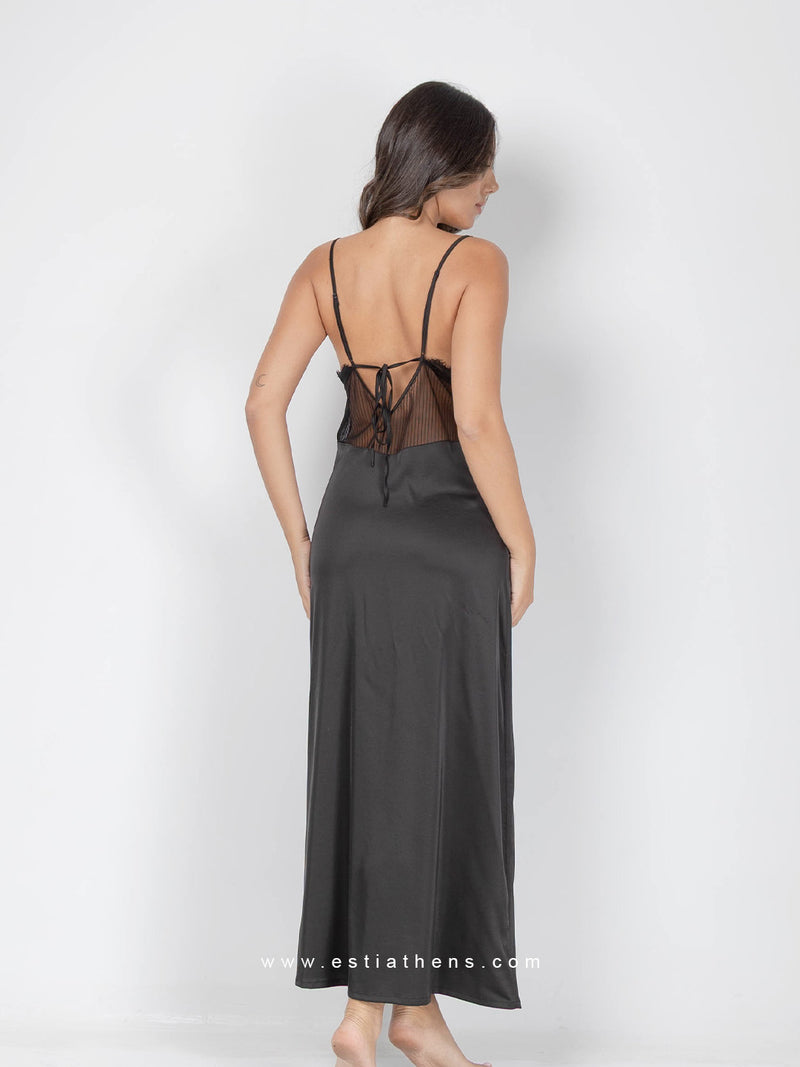 Black satin long nightdress with lace and side slit