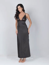 Black satin long nightdress with lace and side slit