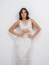Off white satin long nightdress with lace