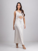 Off white satin long nightdress with lace