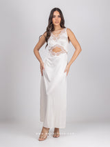 Off white satin long nightdress with lace