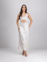 Off white satin long nightdress with lace