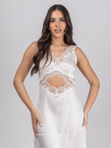 Off white satin long nightdress with lace