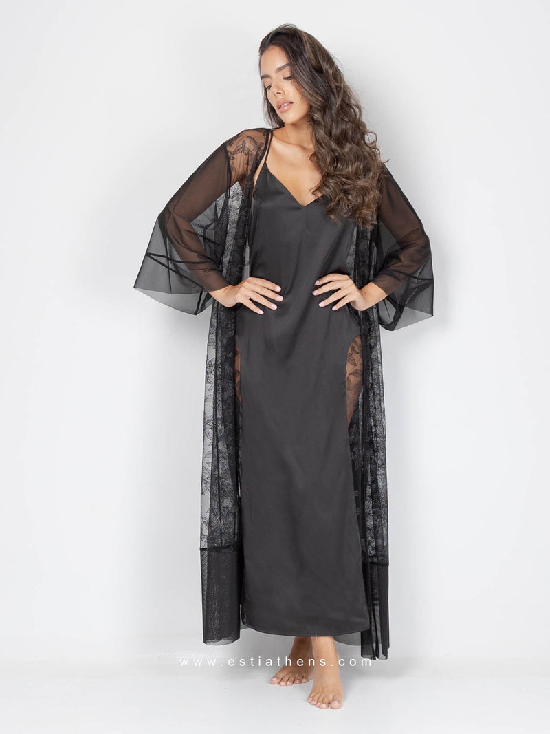 Black satin nightdress & robe set with lace and embroidery