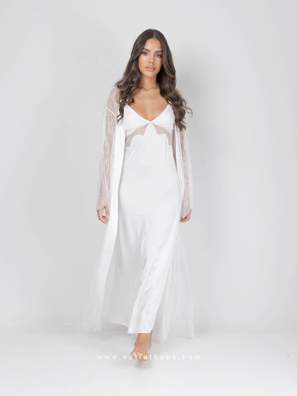 White bridal satin set with lace and robe with belt