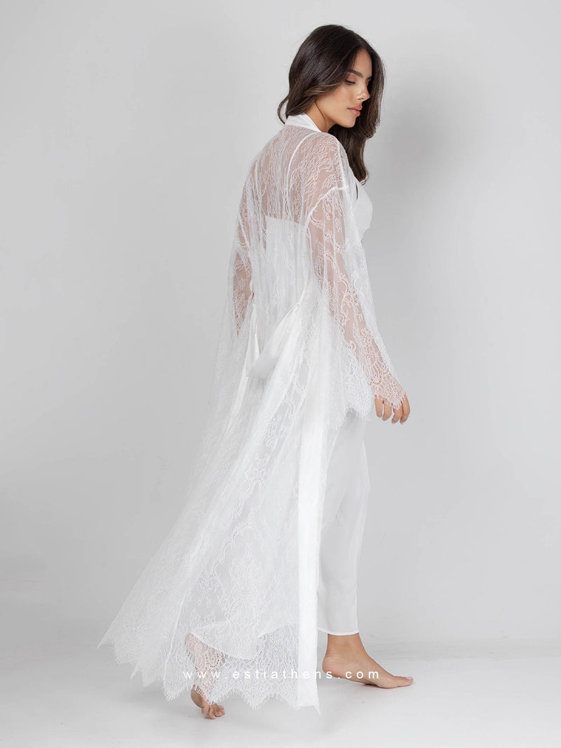 White bridal satin set with lace and robe with belt