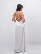 White satin long nightdress with cross-back straps