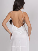 White satin long nightdress with cross-back straps