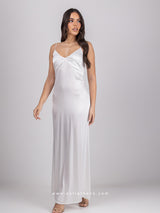 White satin long nightdress with cross-back straps