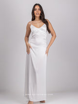 White satin long nightdress with cross-back straps