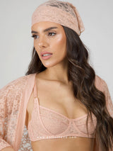 Peach lace headscarf with floral pattern