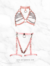 Pink Leather Harness Set with chains & Garter