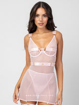 Pink sheer string bodysuit with garter skirt