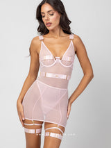 Pink sheer string bodysuit with garter skirt