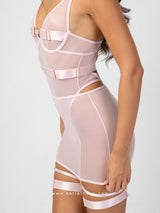 Pink sheer string bodysuit with garter skirt