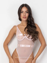 Pink sheer string bodysuit with garter skirt