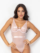 Pink sheer string bodysuit with garter skirt
