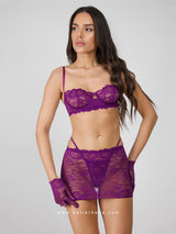 Purple lace lingerie set with skirt