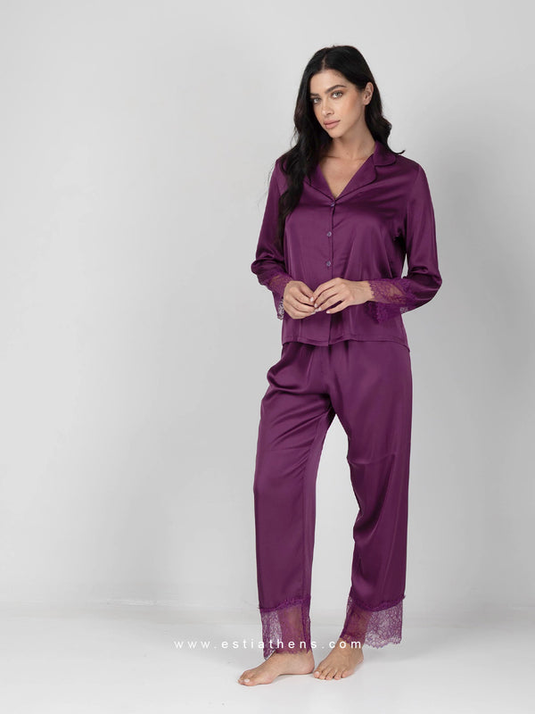 Purple Lace Satin Pajama Set