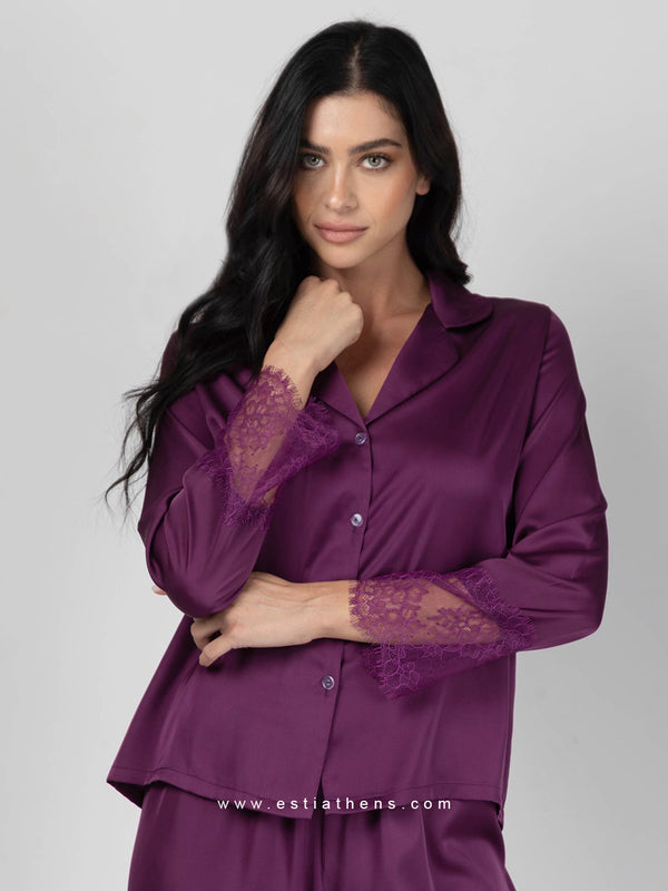 Purple Lace Satin Pajama Set