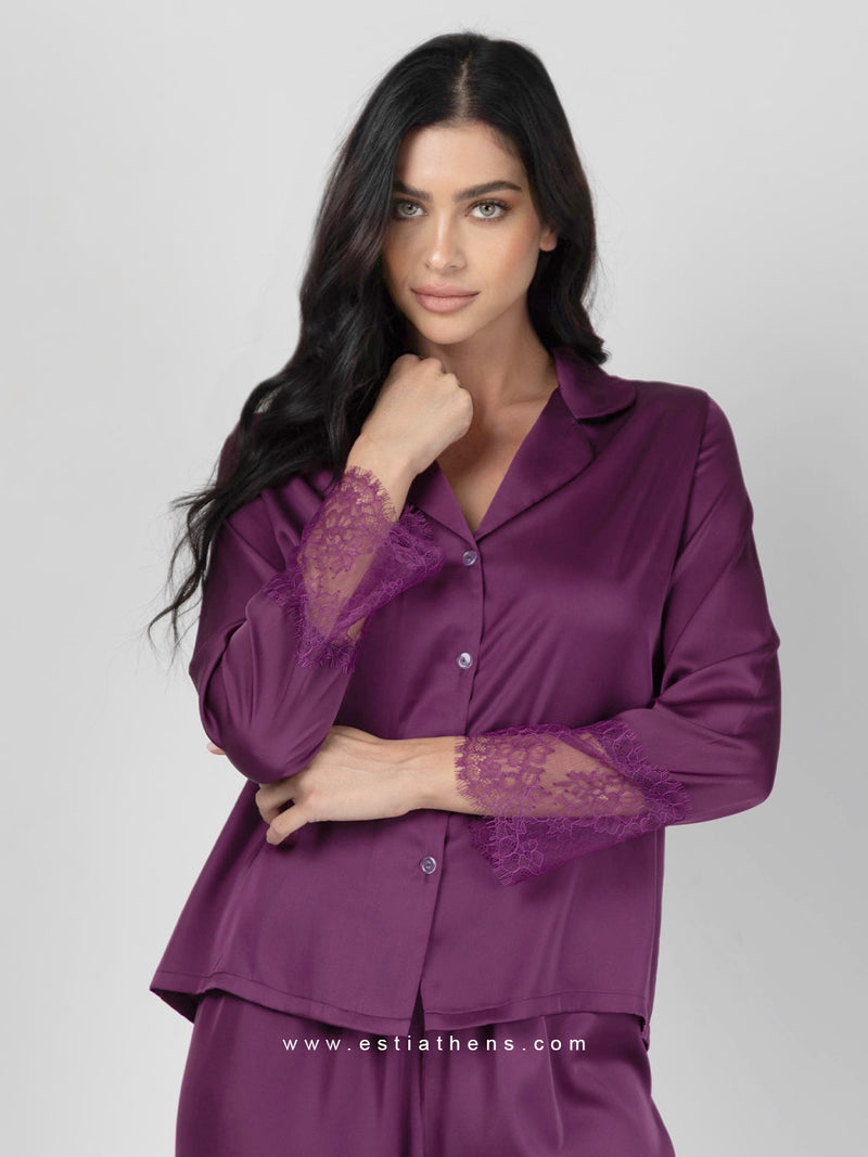 Purple Lace Satin Pajama Set