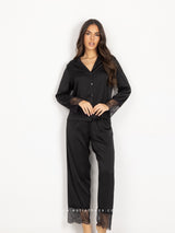 Black satin pyjama set with lace