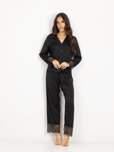 Black satin pyjama set with lace