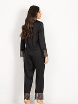 Black satin pyjama set with lace