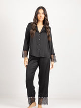 Black satin pyjama set with lace