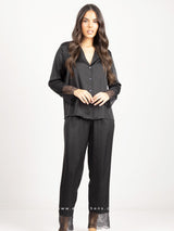 Black satin pyjama set with lace