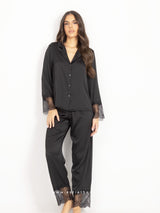 Black satin pyjama set with lace