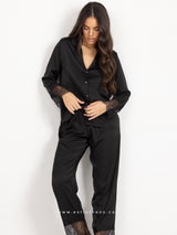 Black satin pyjama set with lace