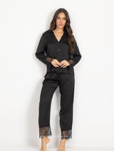 Black satin pyjama set with lace