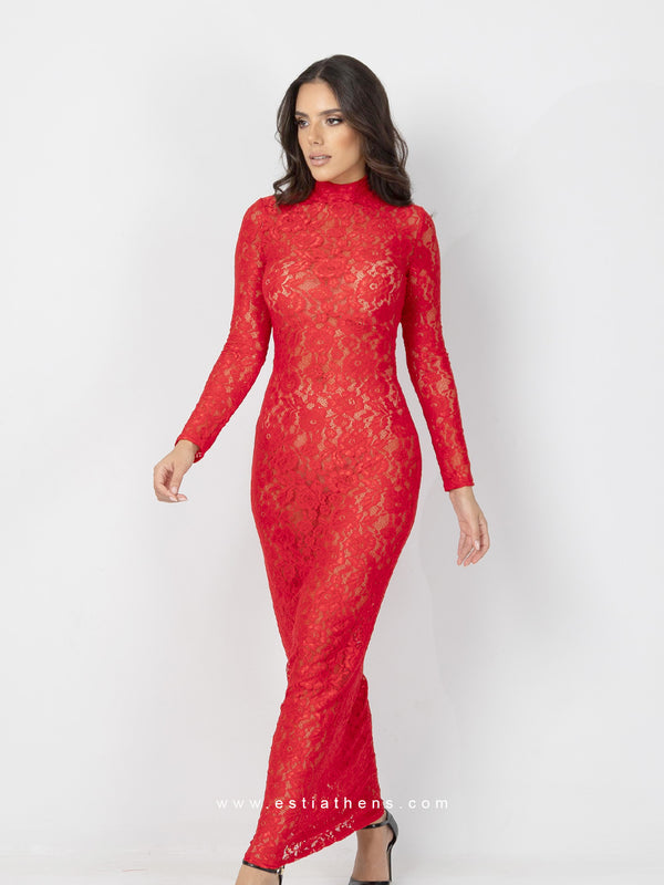 Red Long-sleeve Lace Turtleneck Dress