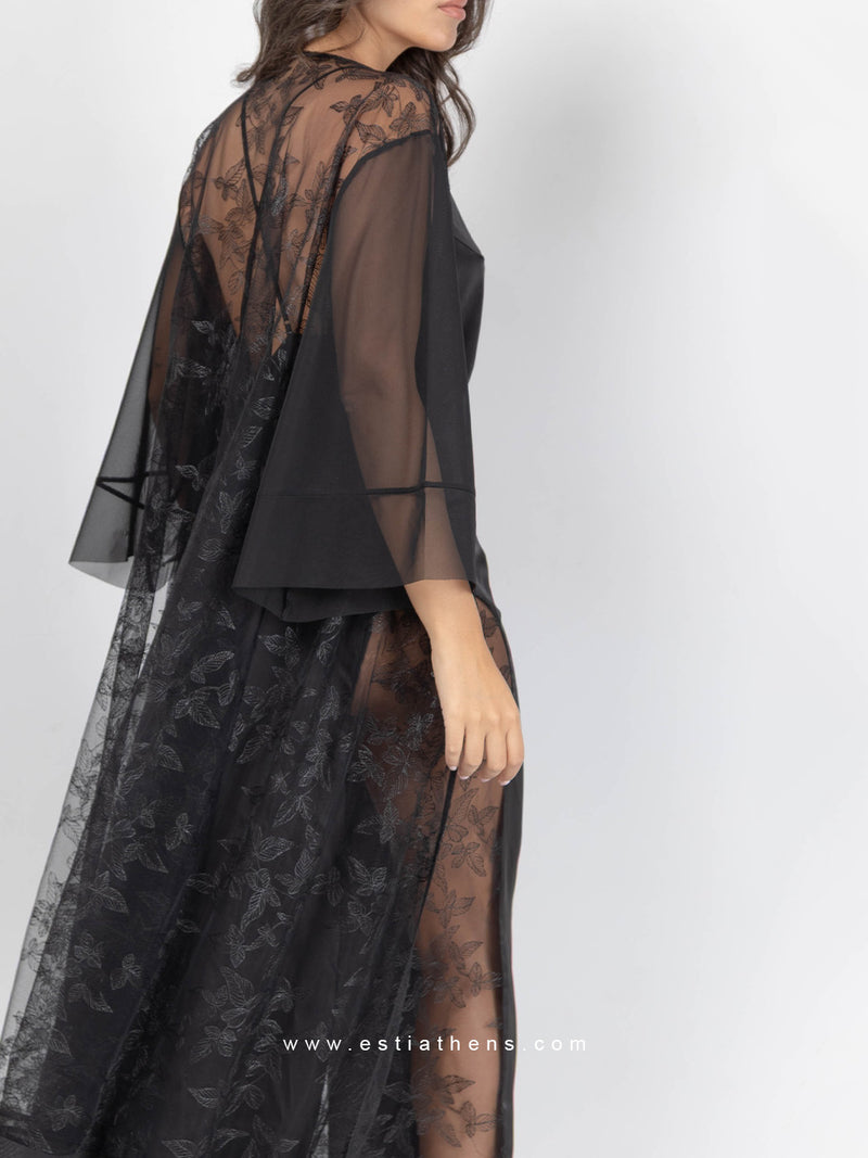 Black long robe with sheer details and floral embroidery
