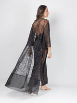 Black long robe with sheer details and floral embroidery